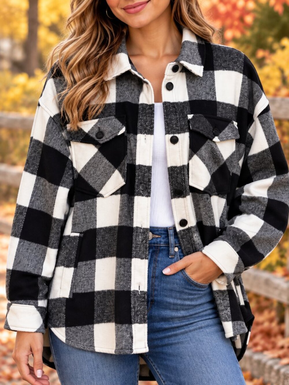 SO Women's Black & White Buffalo Plaid Oversized Button Up Shacket Small - NWT